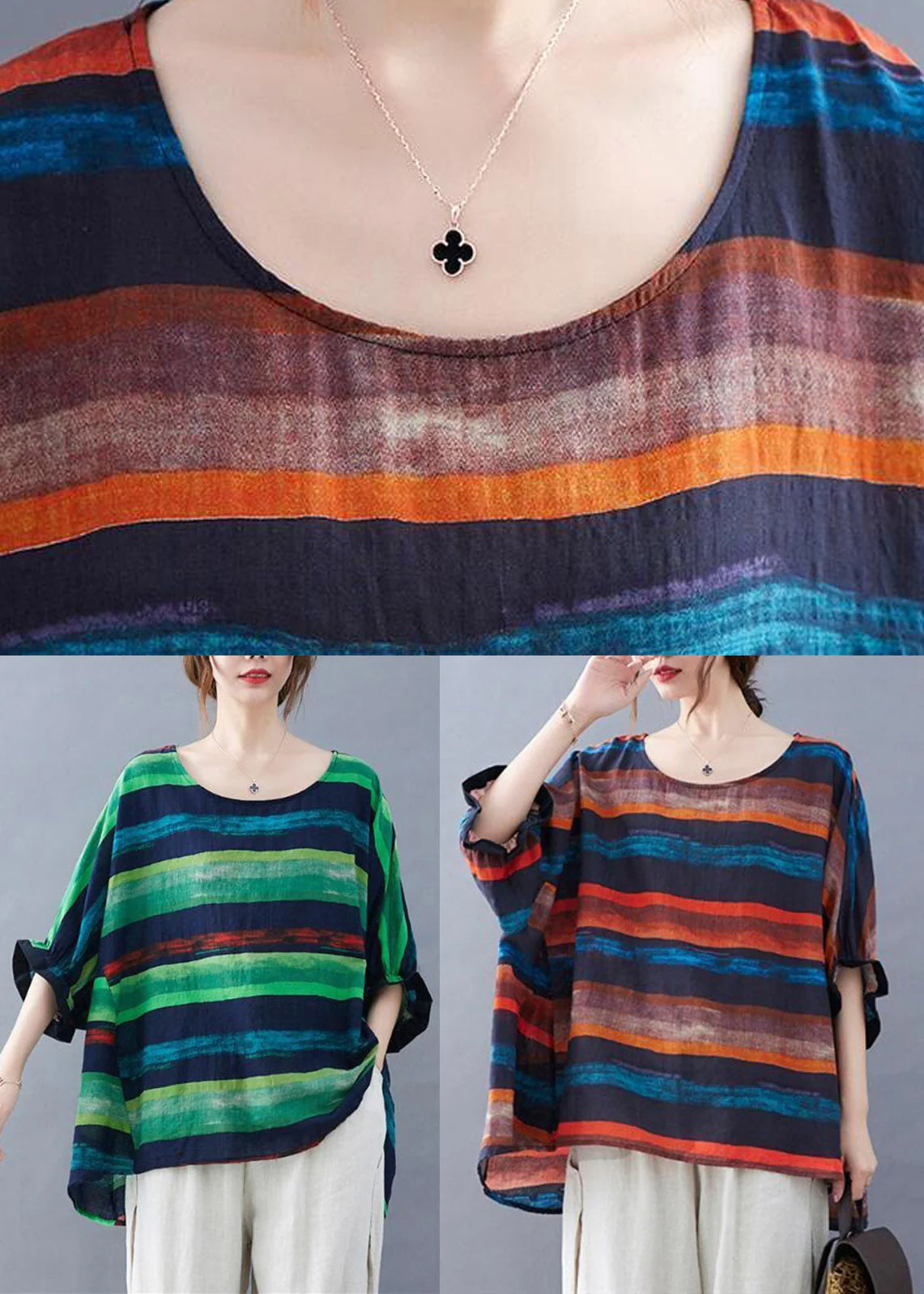 Orange Striped O-Neck T Shirt Batwing Sleeve - Image 5
