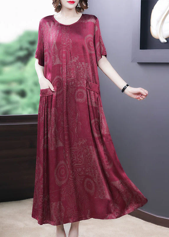 Orange -texture Print Silk Long Dress Oversized Pockets Wrinkled Summer - Image 5