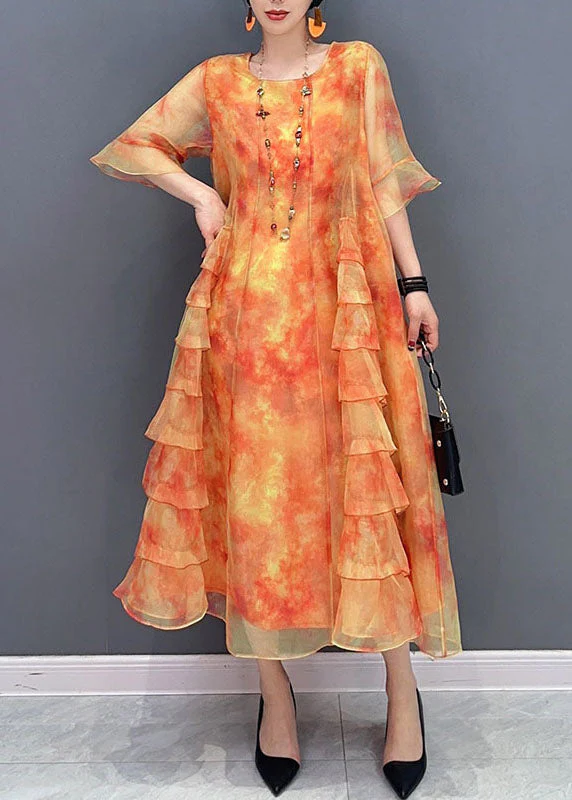 Orange Tie Dye Patchwork Chiffon Dresses O Neck Ruffled Summer - Image 2