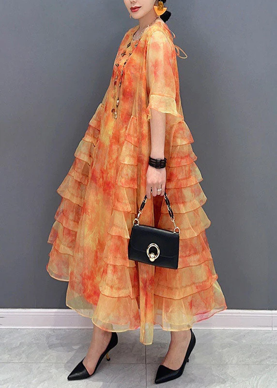 Orange Tie Dye Patchwork Chiffon Dresses O Neck Ruffled Summer - Image 3