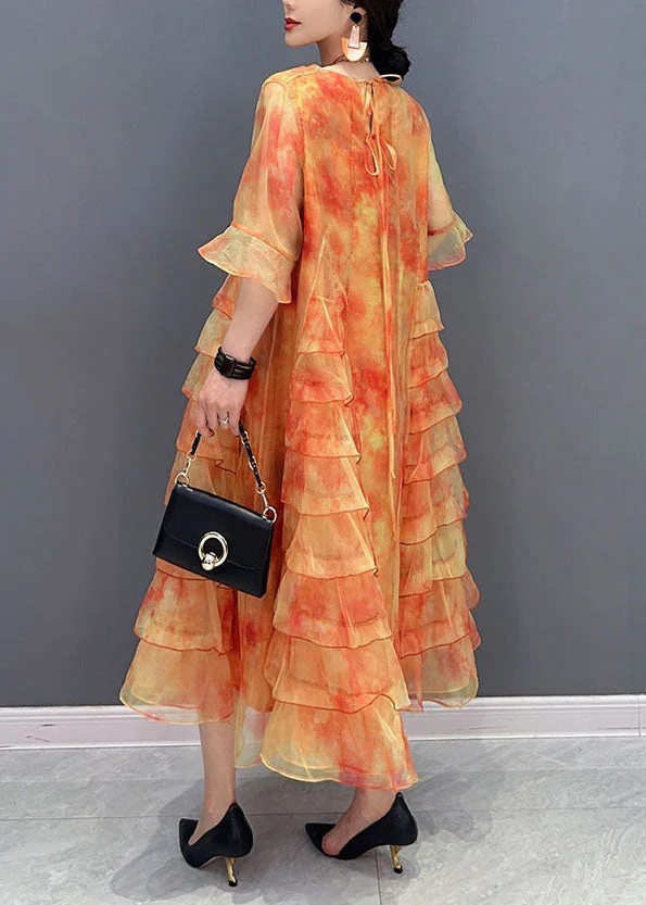 Orange Tie Dye Patchwork Chiffon Dresses O Neck Ruffled Summer - Image 4