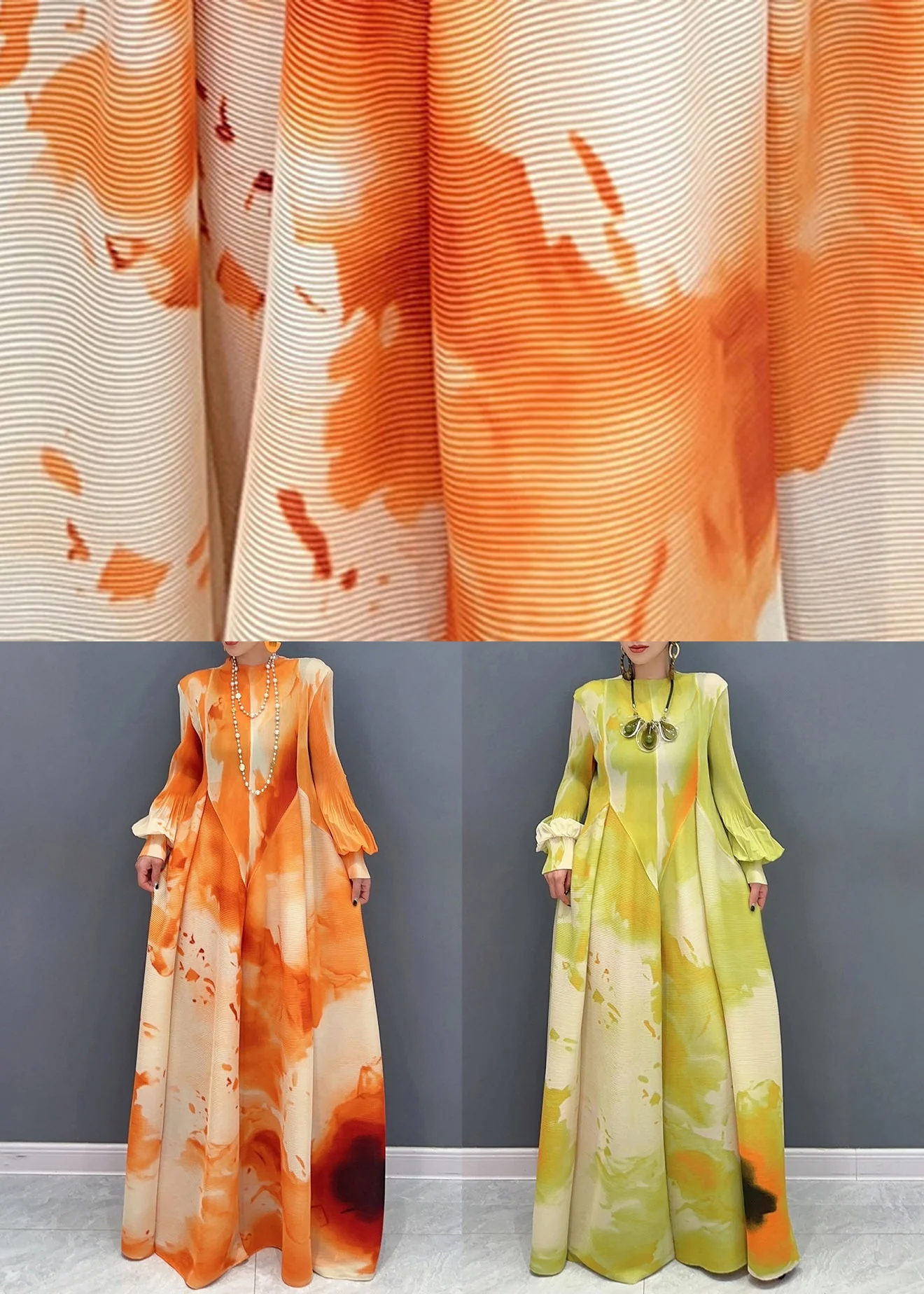Orange Wrinkled Patchwork Cotton Maxi Dress O Neck Fall - Image 5