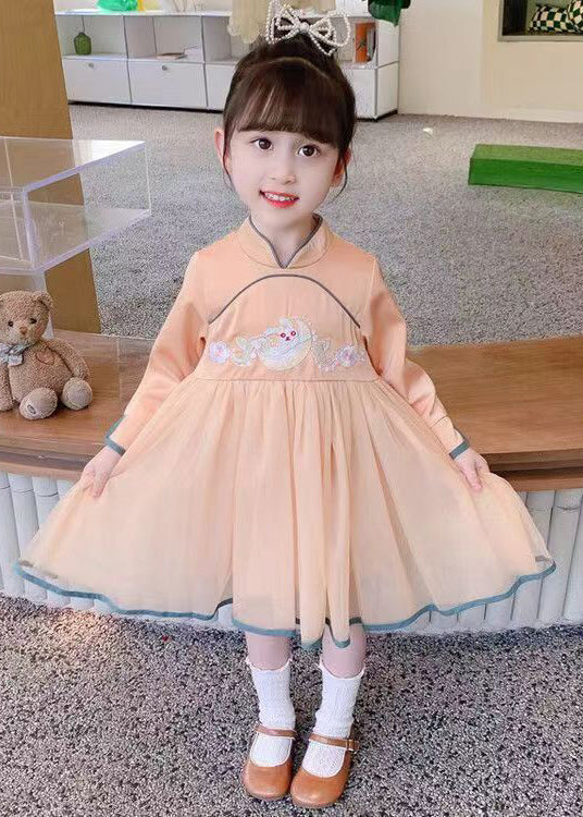 Orange Zippered Tulle Patchwork Cotton Girls Dress Stand Collar Fall - Image 2