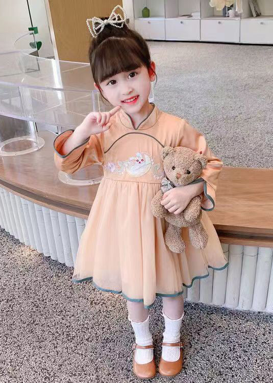 Orange Zippered Tulle Patchwork Cotton Girls Dress Stand Collar Fall - Image 3