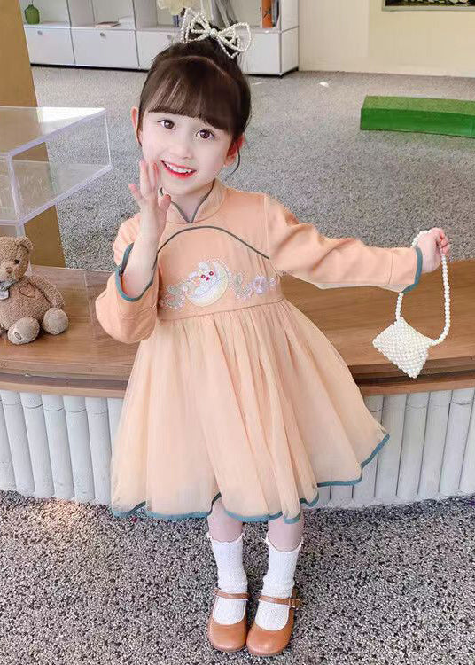 Orange Zippered Tulle Patchwork Cotton Girls Dress Stand Collar Fall - Image 4