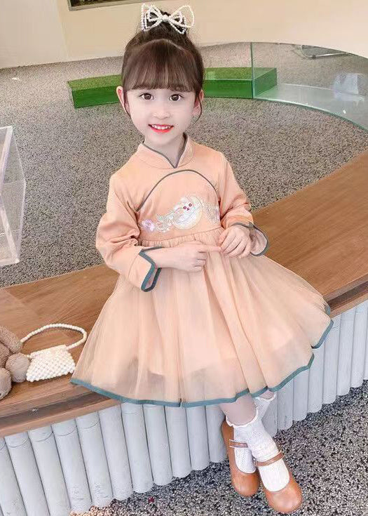 Orange Zippered Tulle Patchwork Cotton Girls Dress Stand Collar Fall - Image 5