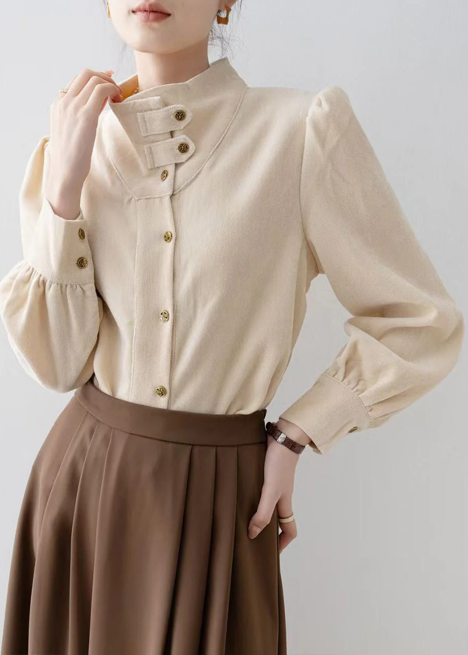 Organic Apricot Stand Collar Velour Shirt Top Spring - Image 3