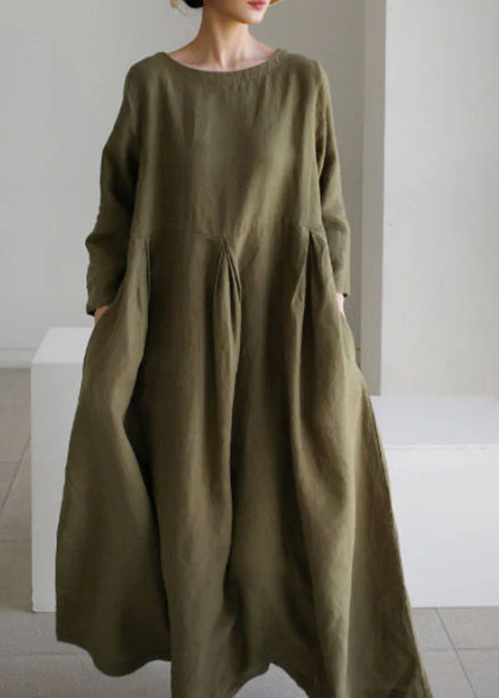 Organic Army Green O-Neck Loose Cotton Dress Spring - Image 2