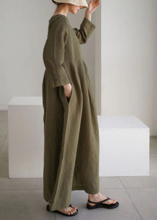 Organic Army Green O-Neck Loose Cotton Dress Spring - Image 3