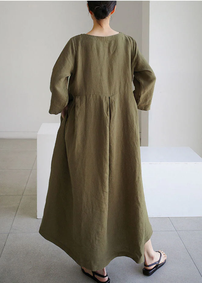 Organic Army Green O-Neck Loose Cotton Dress Spring - Image 4