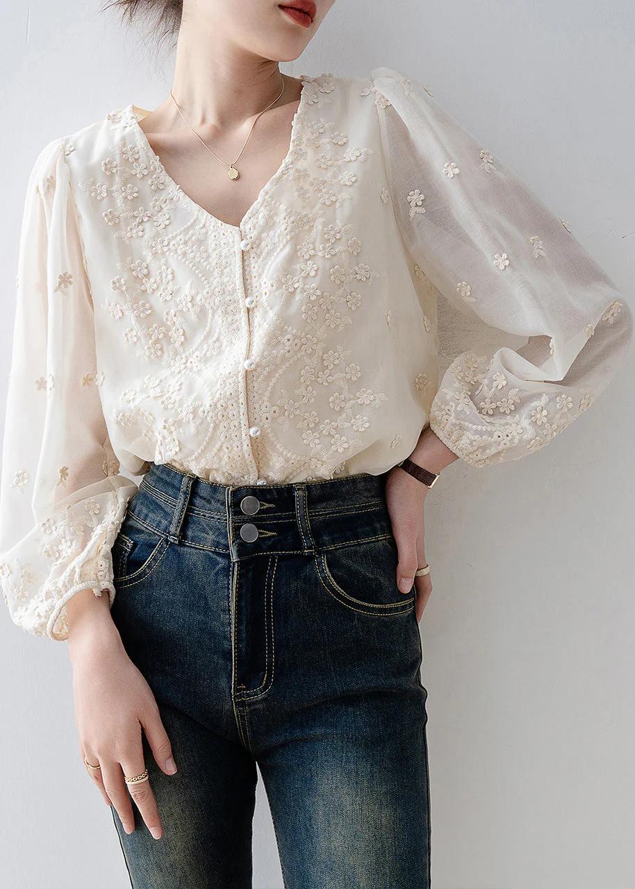 Organic Beige Embroidered Nail Bead Chiffon Shirt Tops Spring - Image 4