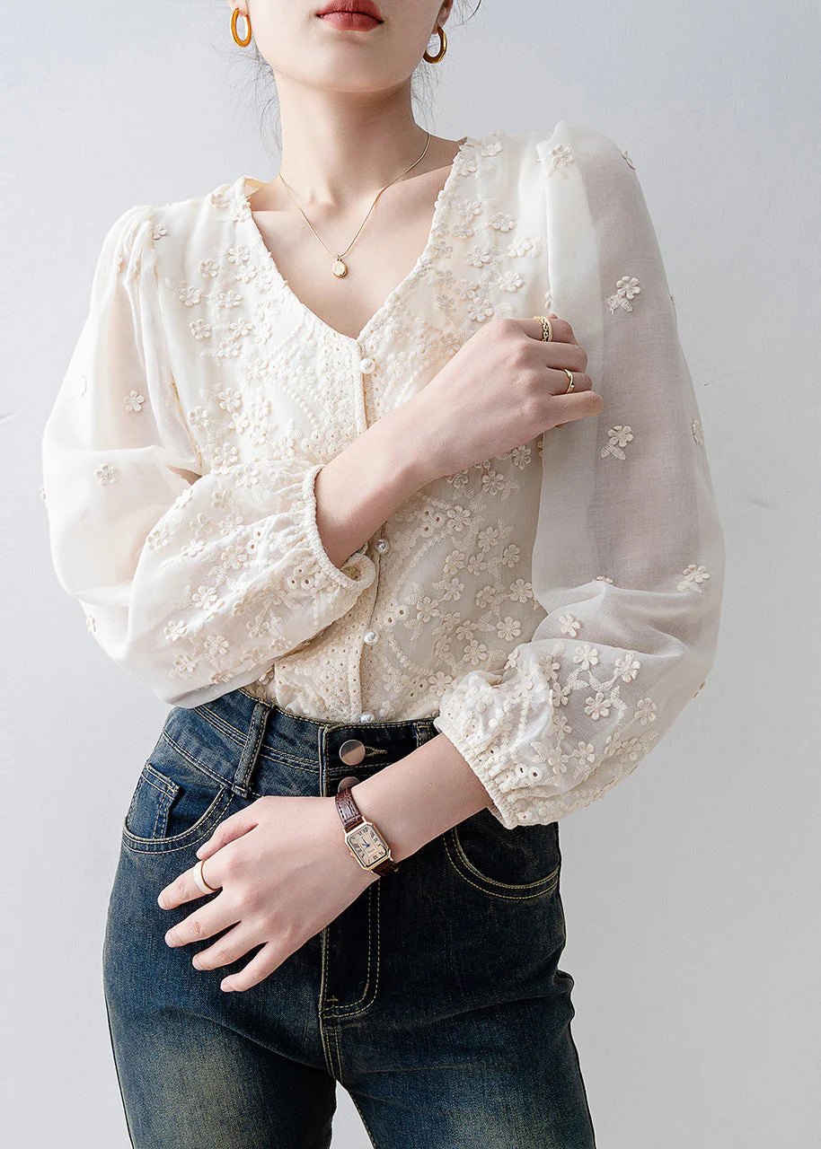 Organic Beige Embroidered Nail Bead Chiffon Shirt Tops Spring - Image 5