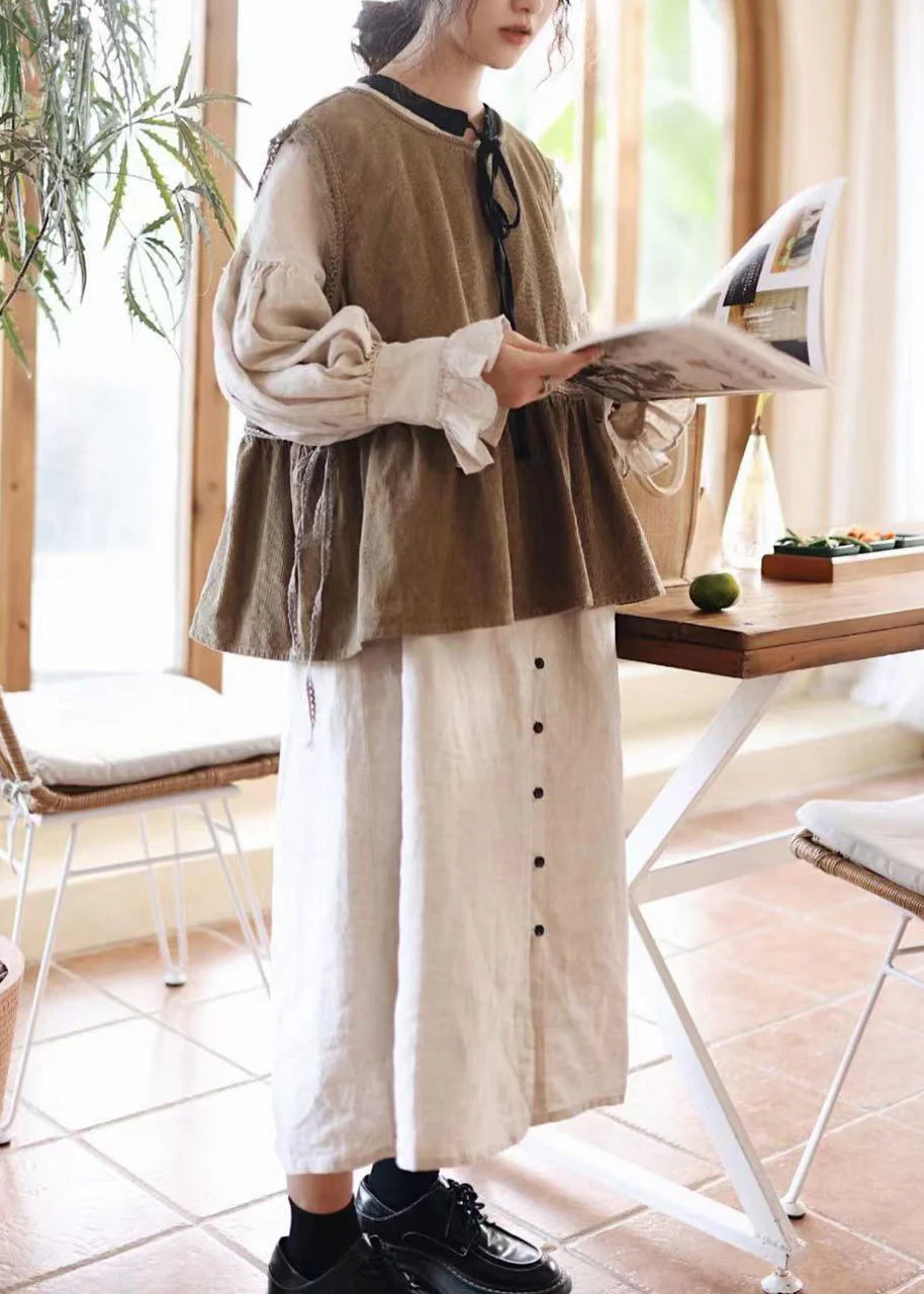 Organic Beige Lace Up Button Patchwork Linen Dress Lantern Sleeve - Image 2