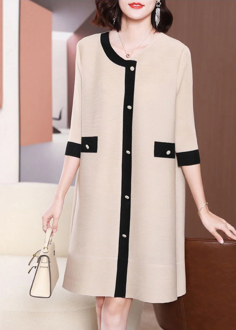 Organic Beige O-Neck Patchwork Wrinkled Holiday Dress Half Sleeve - Image 3