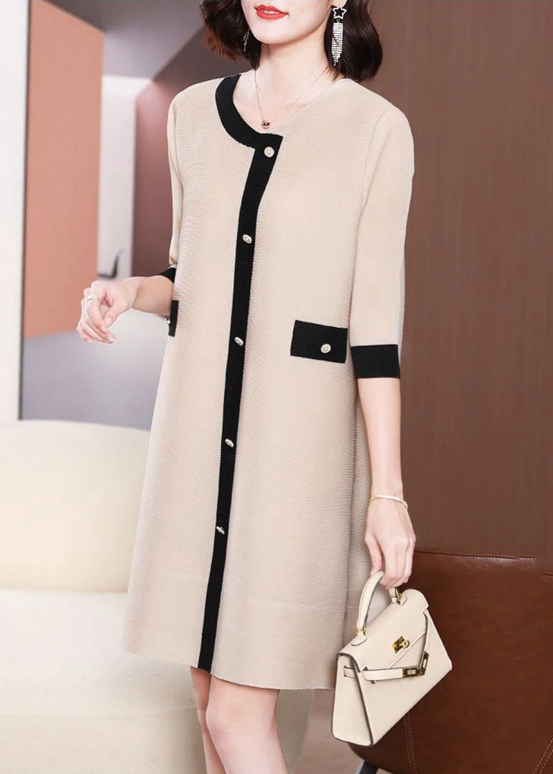 Organic Beige O-Neck Patchwork Wrinkled Holiday Dress Half Sleeve - Image 4