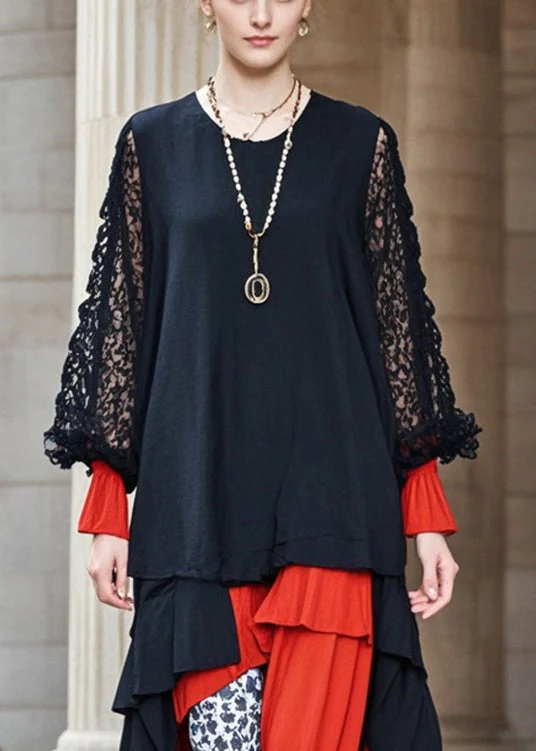 Organic Black Asymmetrical Patchwork Hollow Out Cotton Holiday Dress Fall - Image 2