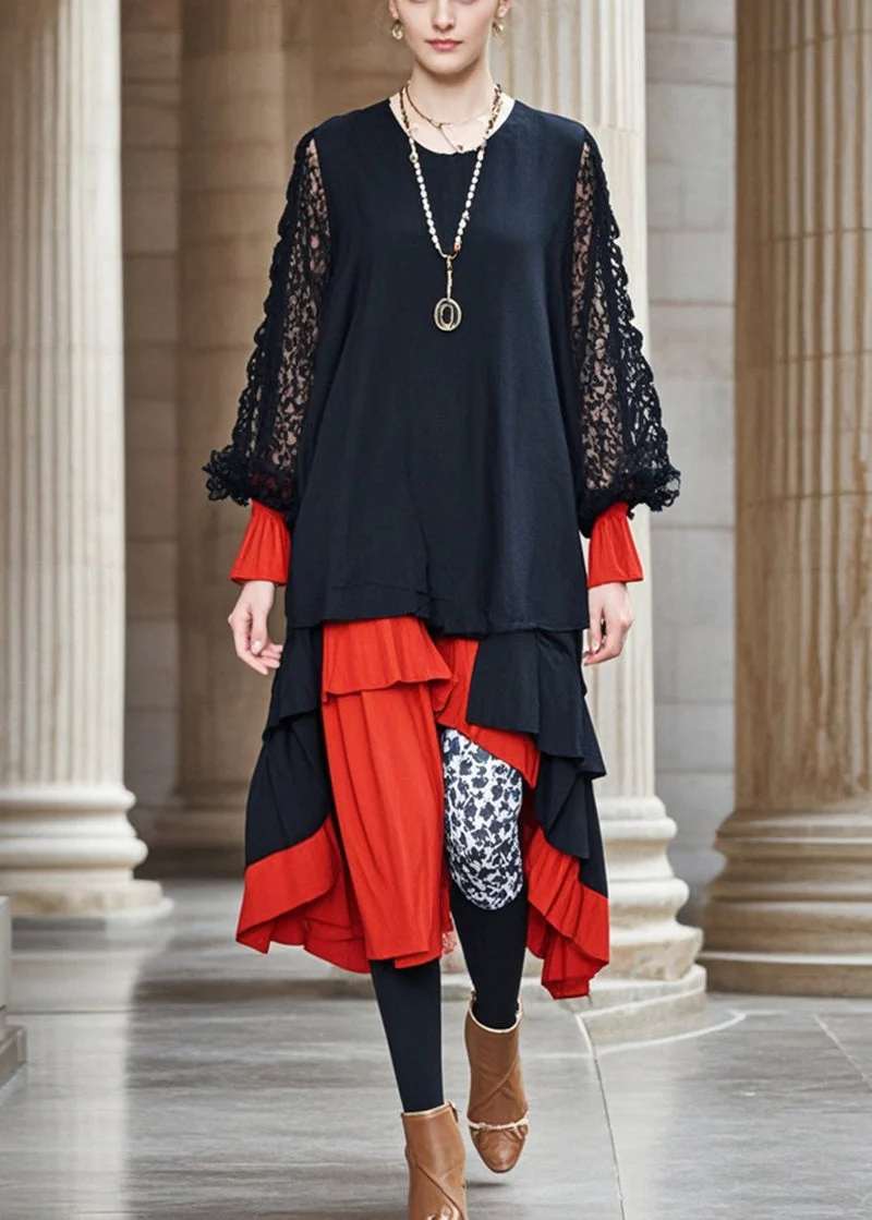 Organic Black Asymmetrical Patchwork Hollow Out Cotton Holiday Dress Fall - Image 3