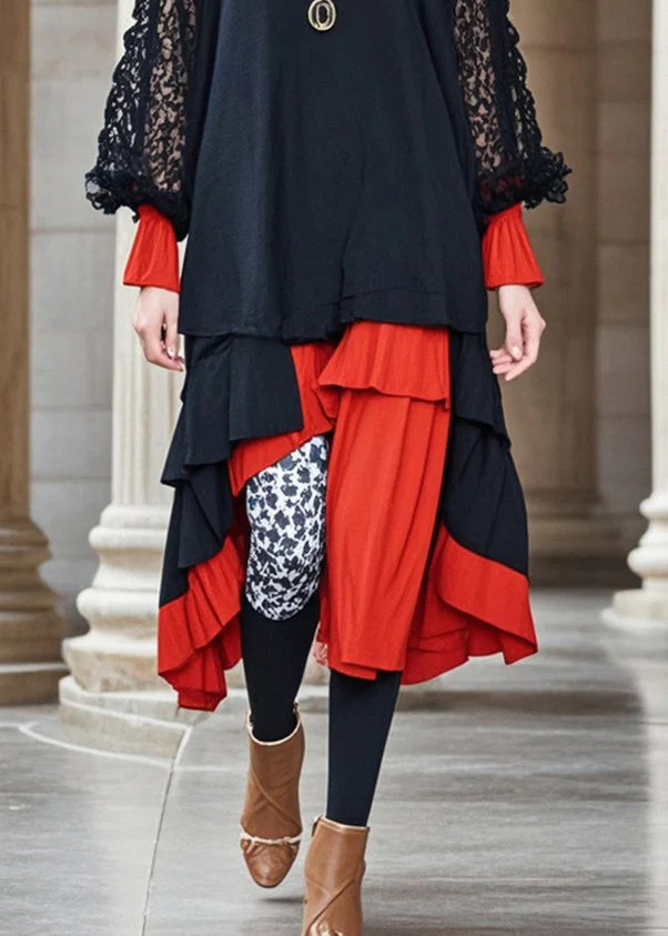 Organic Black Asymmetrical Patchwork Hollow Out Cotton Holiday Dress Fall - Image 4