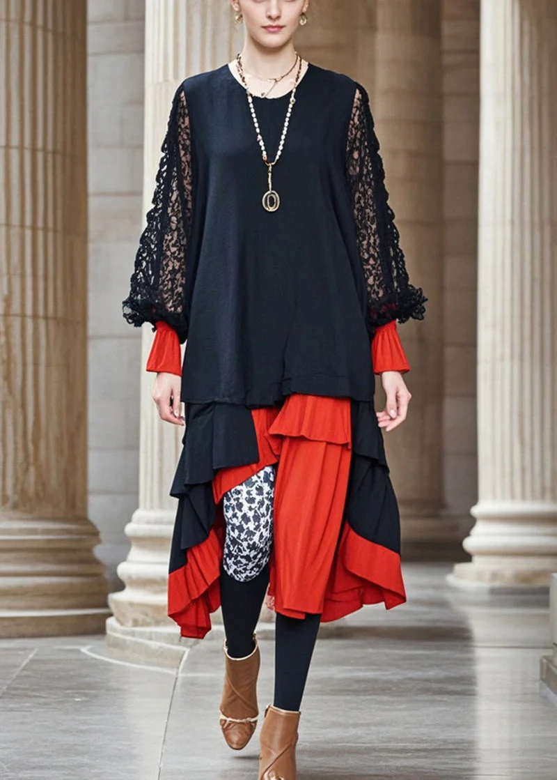 Organic Black Asymmetrical Patchwork Hollow Out Cotton Holiday Dress Fall - Image 5