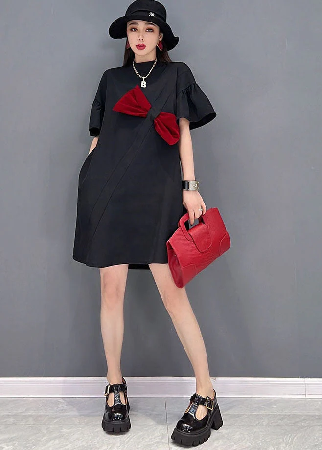 Organic Black Brief Bow Patchwork Cotton Mid Dress Short Sleeve - Image 2