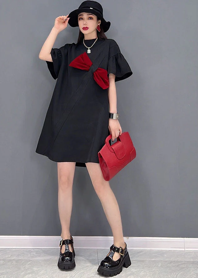 Organic Black Brief Bow Patchwork Cotton Mid Dress Short Sleeve - Image 3