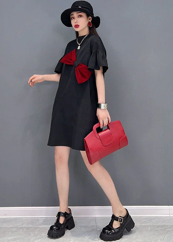 Organic Black Brief Bow Patchwork Cotton Mid Dress Short Sleeve - Image 4