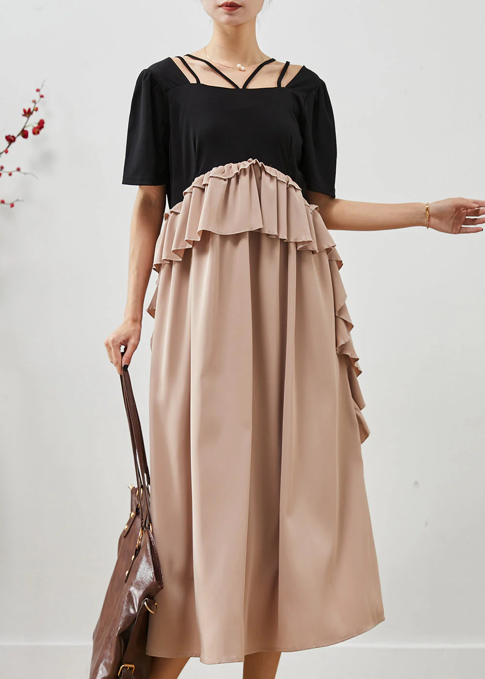 Organic Black Cold Shoulder Patchwork Ruffles Chiffon Dresses Summer - Image 2
