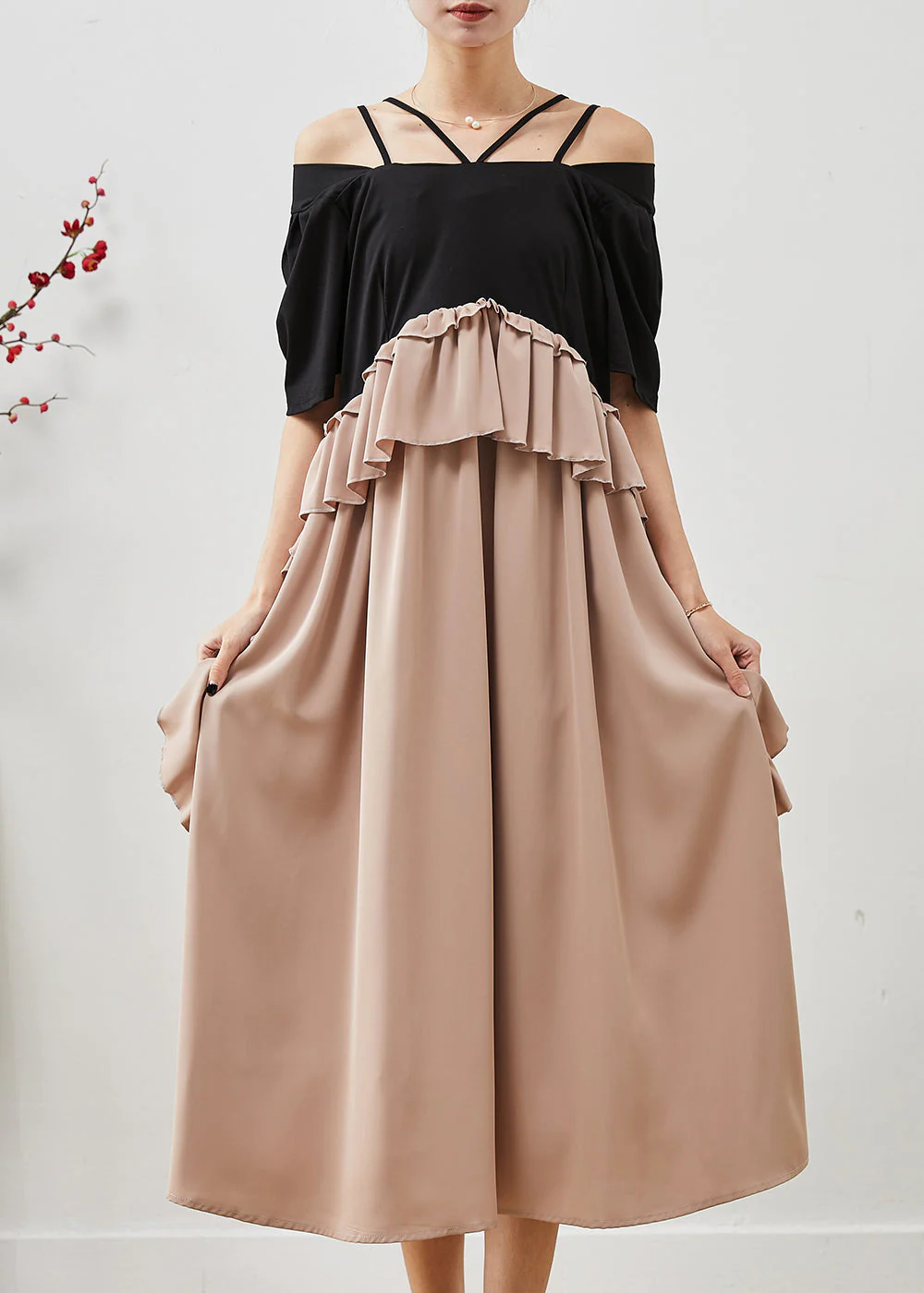Organic Black Cold Shoulder Patchwork Ruffles Chiffon Dresses Summer - Image 3