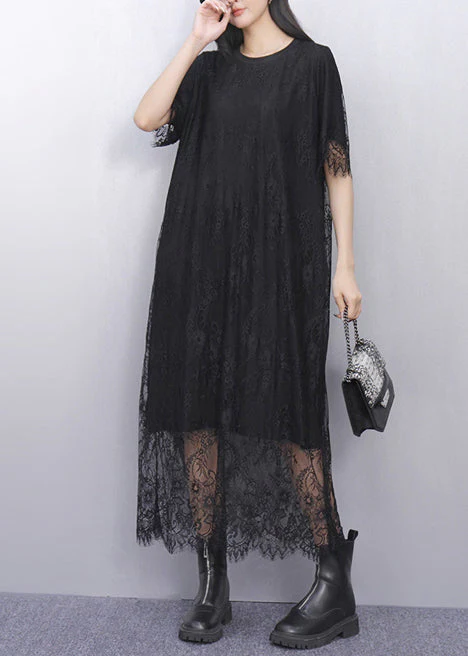 Organic Black Embroidered Lace Holiday Dress Summer - Image 2