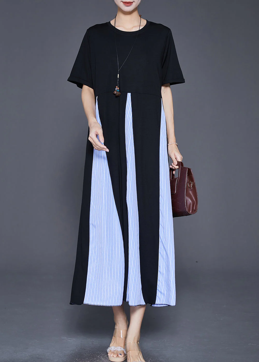Organic Black Exra Large Hem Patchwork Striped Cotton Holiday Dress Summer - Image 3