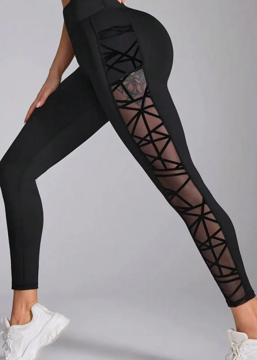 Organic Black High Waist Mesh Panel Leggings Capri - Image 4