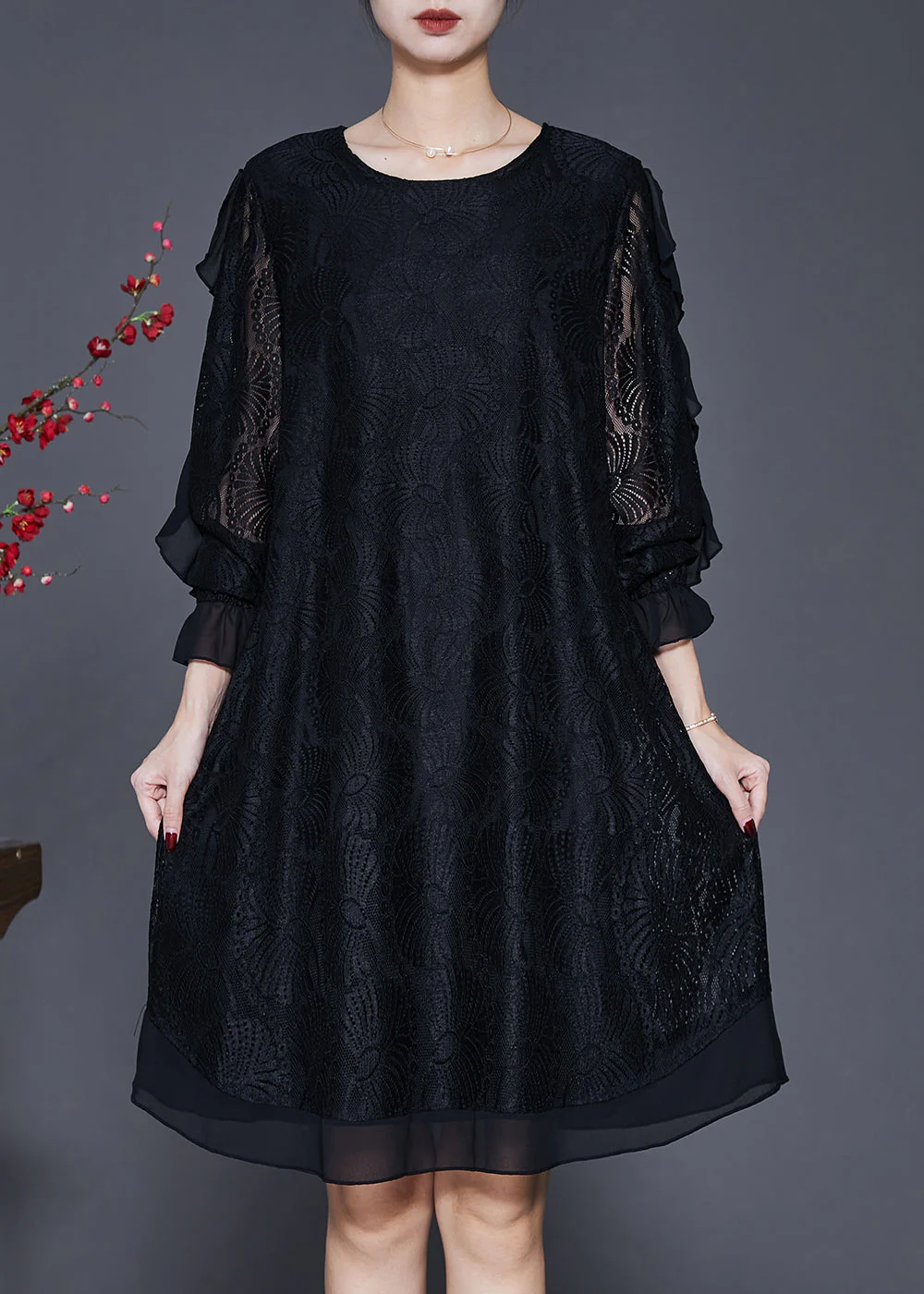 Organic Black Hollow Out Lace Vacation Dresses Butterfly Sleeve - Image 2