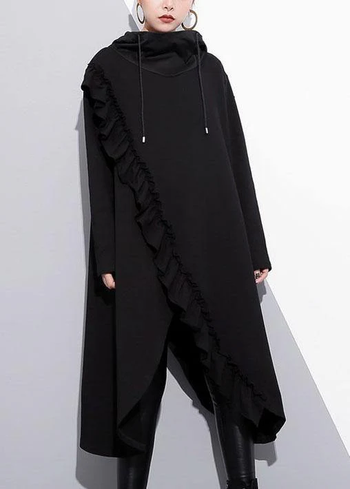 Organic black hooded cotton clothes ruffles long fall Dress - Image 2