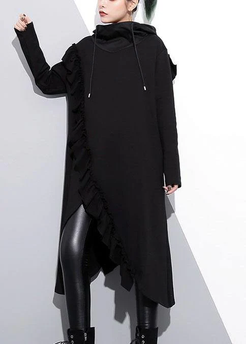 Organic black hooded cotton clothes ruffles long fall Dress - Image 3
