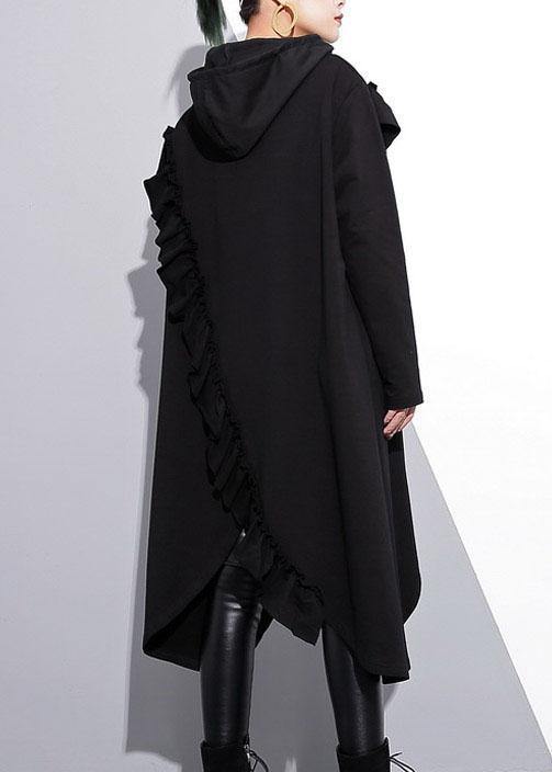 Organic black hooded cotton clothes ruffles long fall Dress - Image 4