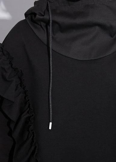 Organic black hooded cotton clothes ruffles long fall Dress - Image 5