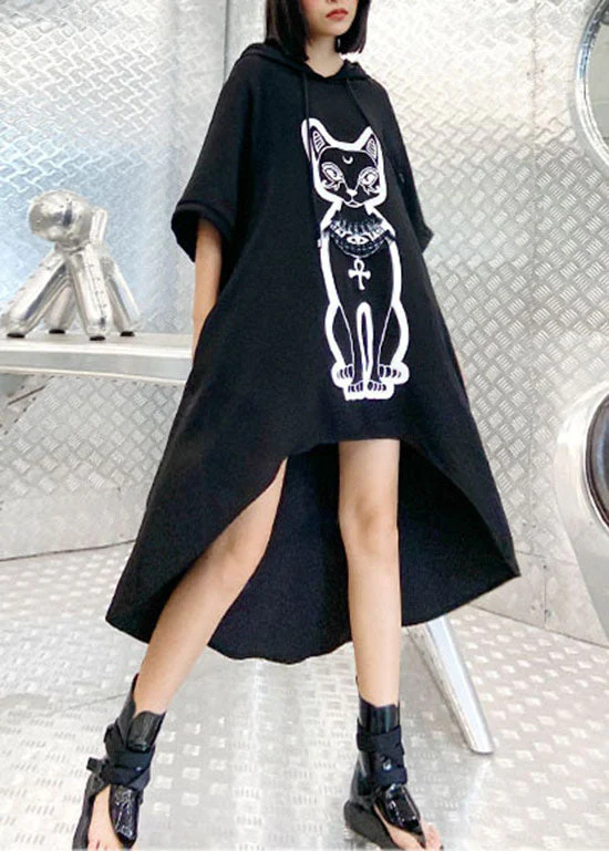 Organic Black Hooded drawstring low high design Print Sweatshirts dress Spring - Image 3
