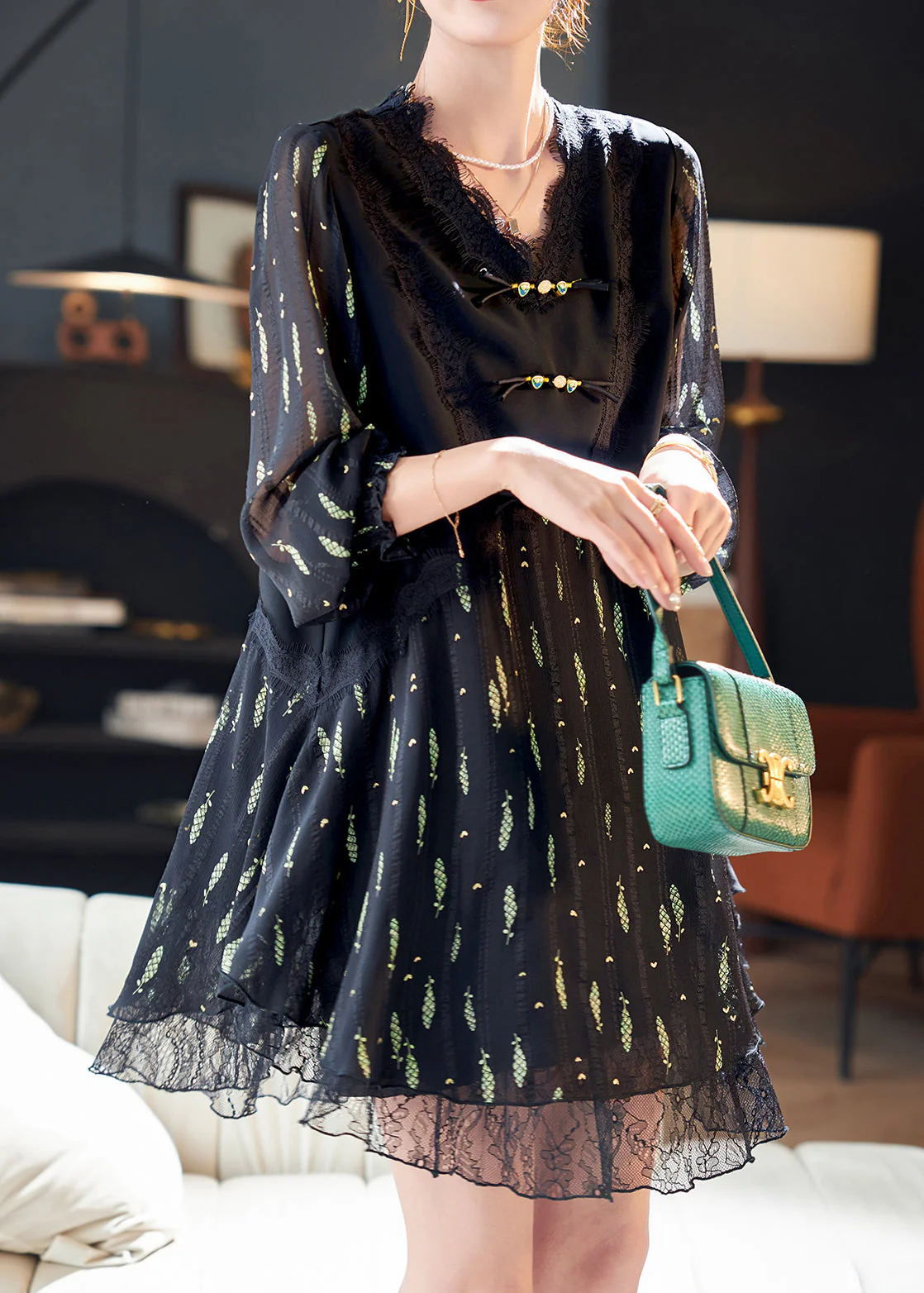 Organic Black Lace Print Button Fake Two Pieces Chiffon Mid Dress Fall - Image 2