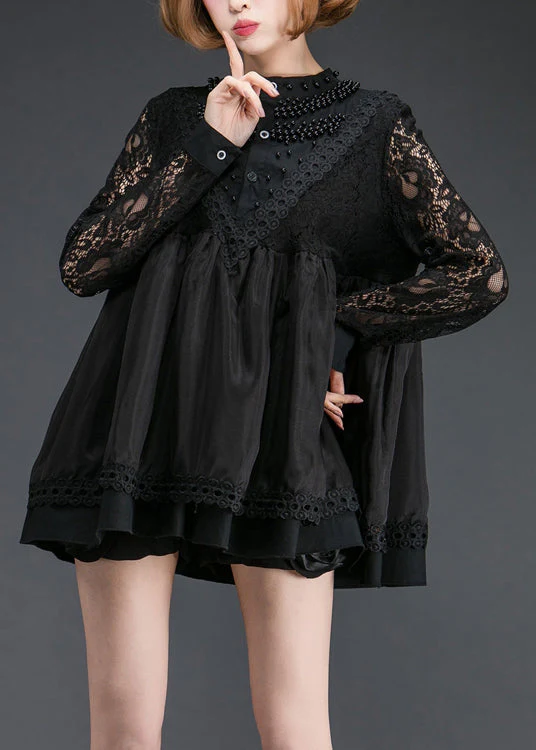 Organic Black Nail bead Patchwork Lace Shift Dress Spring - Image 2