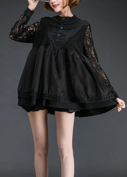Organic Black Nail bead Patchwork Lace Shift Dress Spring - Image 3