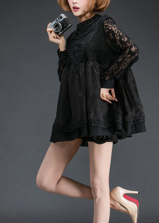 Organic Black Nail bead Patchwork Lace Shift Dress Spring - Image 4