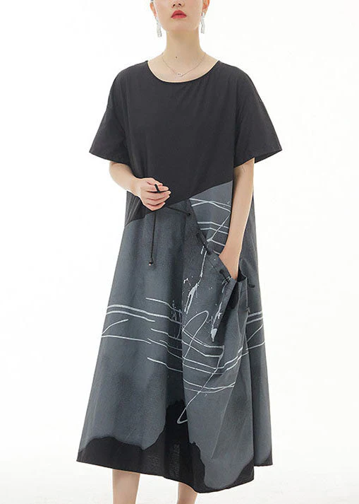 Organic Black O Neck Print Patchwork Cotton Dress Summer - Image 2