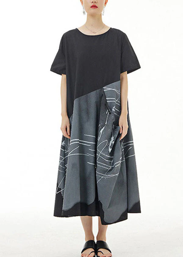 Organic Black O Neck Print Patchwork Cotton Dress Summer - Image 3