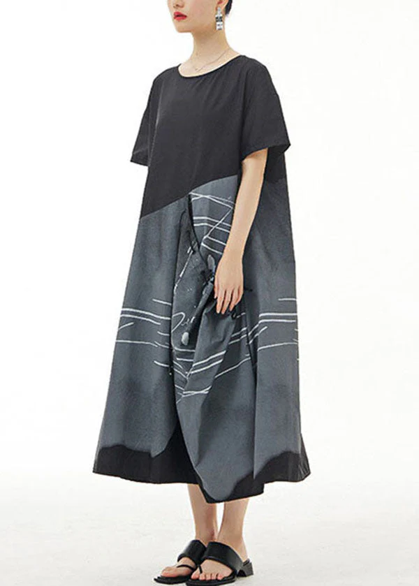 Organic Black O Neck Print Patchwork Cotton Dress Summer - Image 4