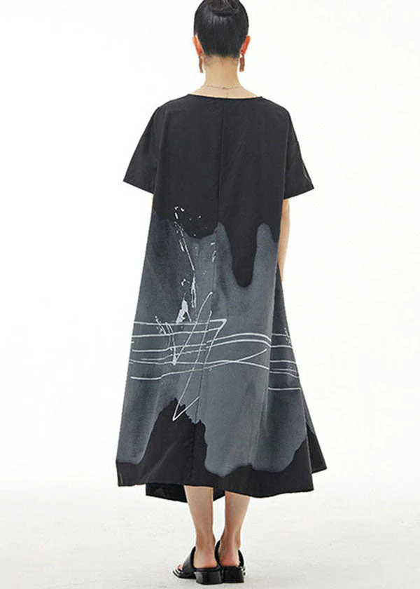 Organic Black O Neck Print Patchwork Cotton Dress Summer - Image 5