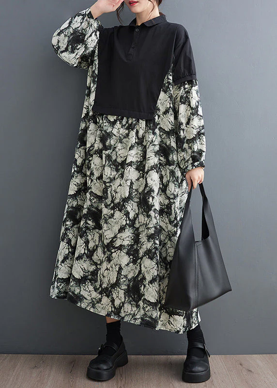 Organic Black Oversized Patchwork Cotton Maxi Dresses Fall - Image 2