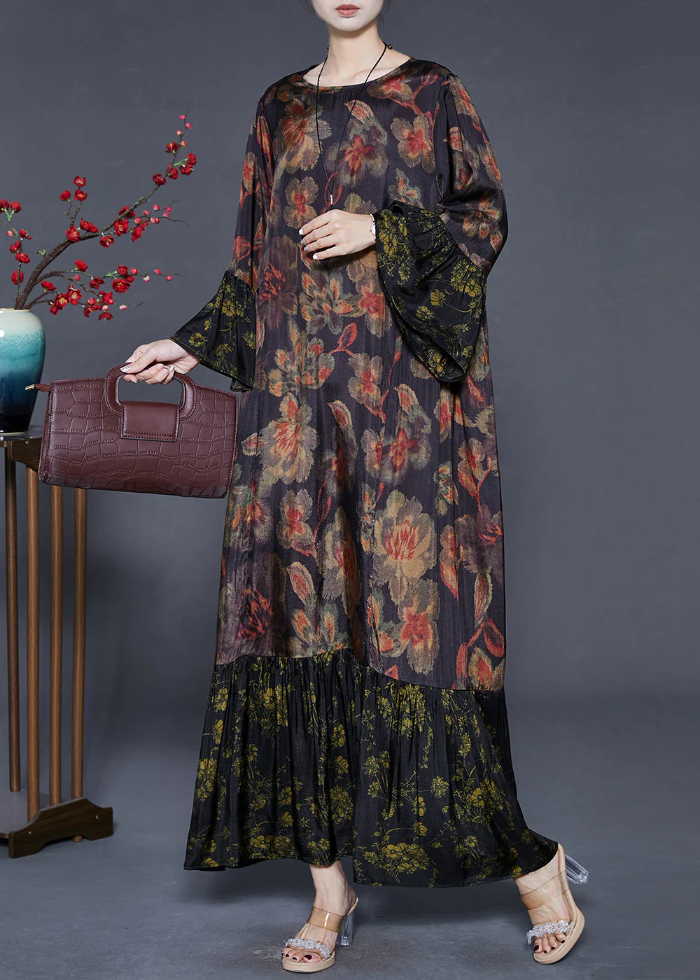 Organic Black Oversized Patchwork Silk Vacation Dresses Spring - Image 3