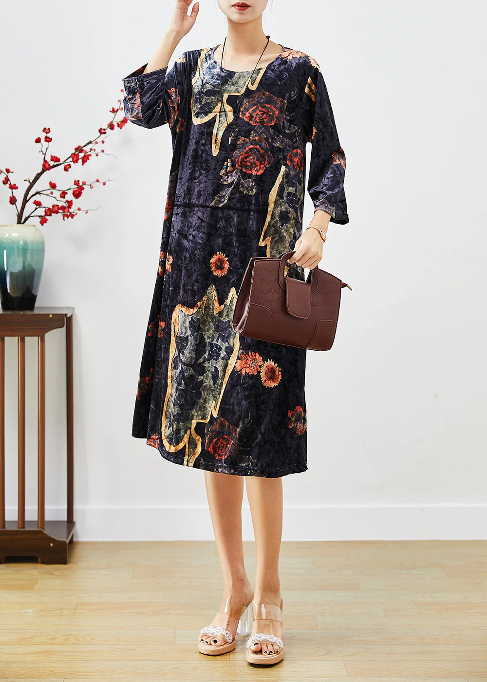 Organic Black Oversized Print Silk Velour Maxi Dresses Fall - Image 2
