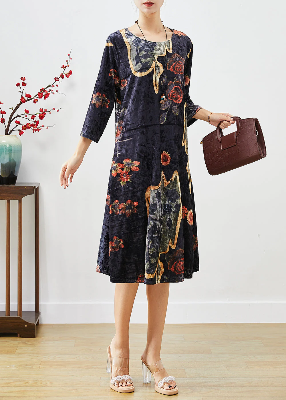 Organic Black Oversized Print Silk Velour Maxi Dresses Fall - Image 3