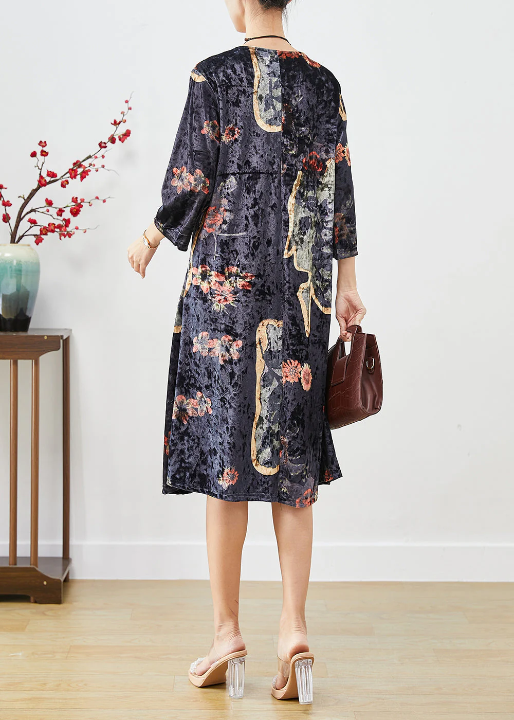 Organic Black Oversized Print Silk Velour Maxi Dresses Fall - Image 4